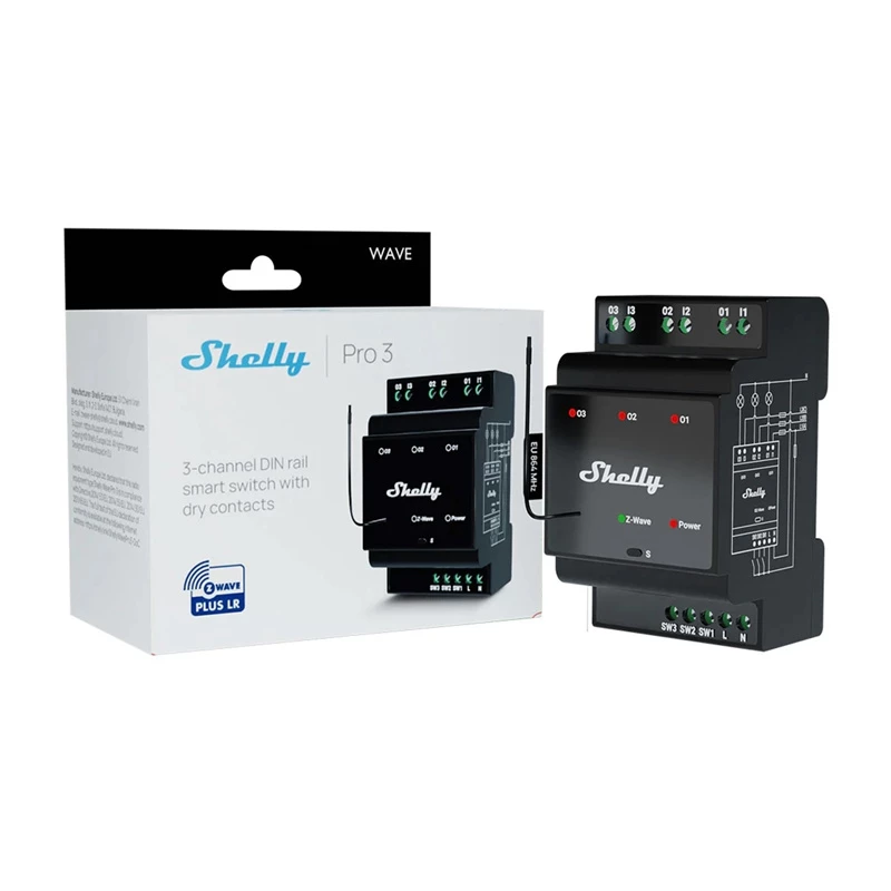 DIN rail smart relay Shelly WavePro3 3-channel Z-Wave, 110–240 V, 25 A per channel, AES-128, DIN mounting