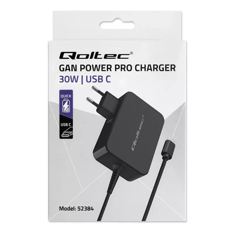 Power adapter QOLTEC 52384 GaN 30W output 5–20V USB charger