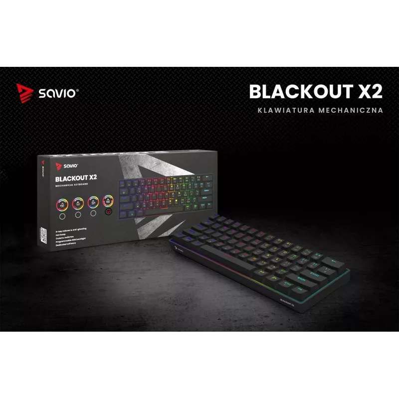 Mechanical gaming keyboard SAVIO BLACKOUT X2 PEACH — 61-key 60% QWERTY, RGB LED, hot-swap, USB Type-A/Type-C, detachable cable