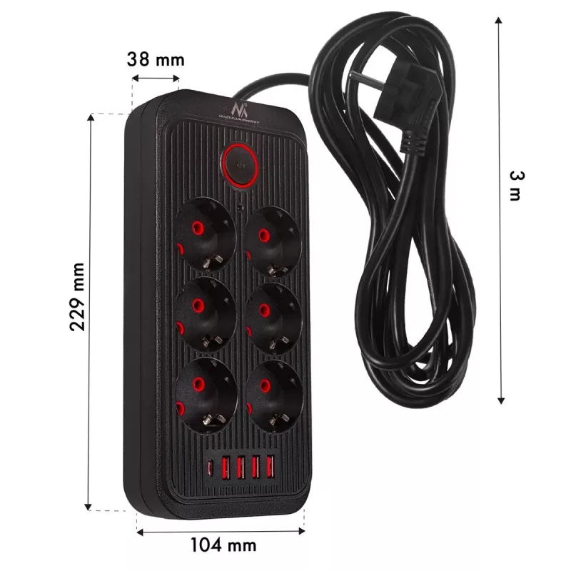 Power strip MACLEAN MCE391 B – 6 sockets, 4×USB-A + 1×USB-C, 110–240V, 2500W, 3 m cable, black