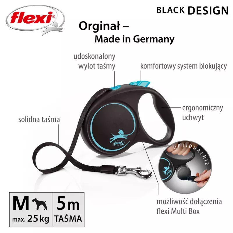 Retractable dog lead Flexi flexi Black Design M — 5 m length, tape style, max load 25 kg, ergonomic handle