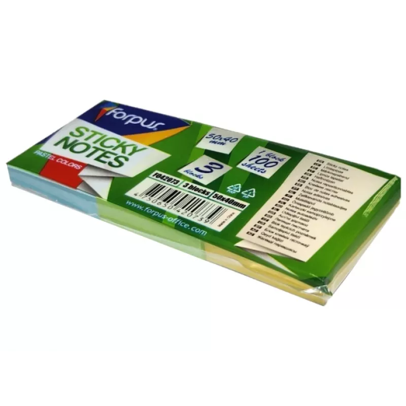 Sticky notes FORPUS FO42073, 40×50 mm, 3 pastel colours, pad