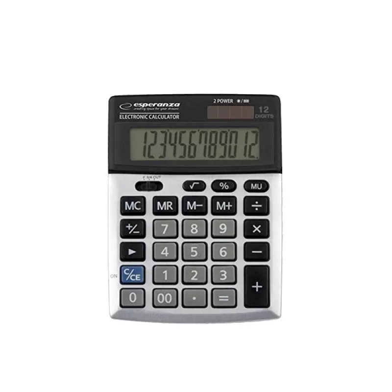 Desktop Basic Calculator ESPERANZA ECL102 — 12‑digit, 12‑line display, battery powered, tilting screen, black/grey