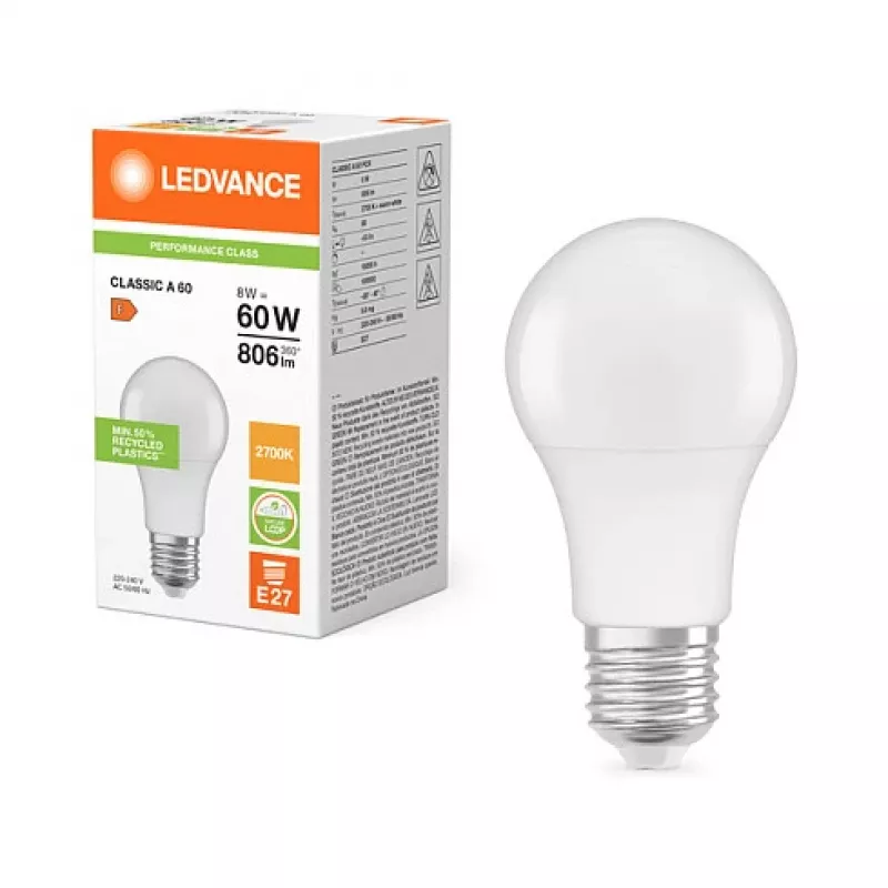 Ledvance LEDV LED Bulb 8.5-60W/827 806lm E27 matt 200° 15000hEEK F