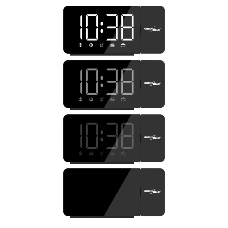 Digital LED clock radio GreenBlue GB172 with FM tuner, projector, thermometer, USB 5V & CR2032 power