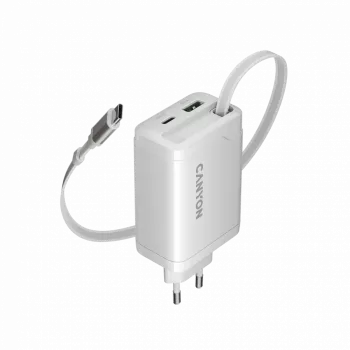 CANYON charger OnCharge 65RC with built-in USB-C cable 65W, 1x PD, 1x QC, EU plug, White