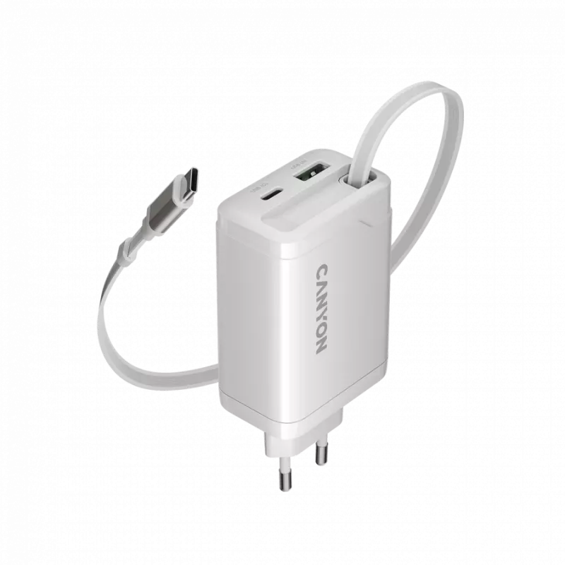 CANYON charger OnCharge 65RC with built-in USB-C cable 65W, 1x PD, 1x QC, EU plug, White