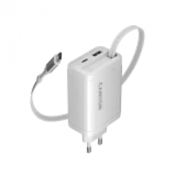 CANYON charger OnCharge 65RC with built-in USB-C cable 65W, 1x PD, 1x QC, EU plug, White