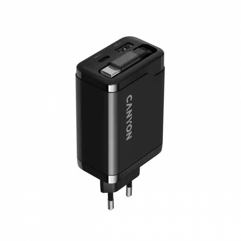Charger CANYON OnCharge 65RC with built-in USB-C cable, 65W, 1x PD, 1x QC, EU plug, Black