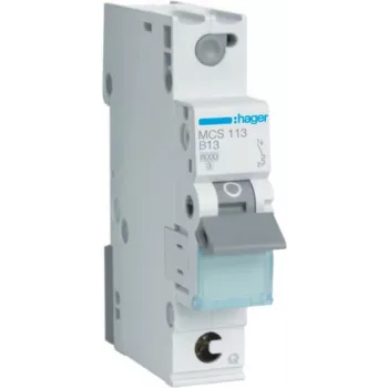 Hager MCS113. Rated Current: 13 A, AC Input Frequency: 50/60 Hz. Type: C-type, Module Quantity (max): 1 Module(e). Width: 17,5 mm, Depth: 70 mm, Height: 83,4 mm (MCS113)