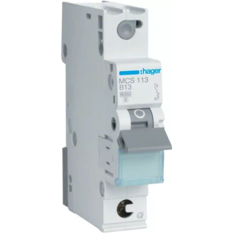 Hager MCS113. Rated Current: 13 A, AC Input Frequency: 50/60 Hz. Type: C-type, Module Quantity (max): 1 Module(e). Width: 17,5 mm, Depth: 70 mm, Height: 83,4 mm (MCS113)