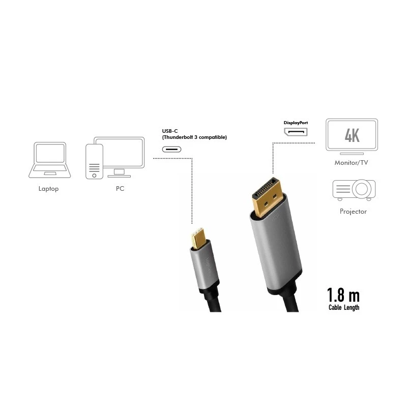 LogiLink CUA0100 Cable Gender Changer DisplayPort USB 3.2 Gen1 Type-C 1.8m Black Grey