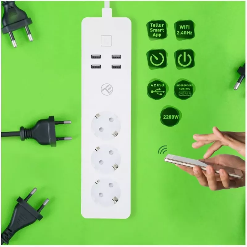 Power Strip Tellur — WiFi smart power strip with 3 AC outlets and 4 USB ports (4A)