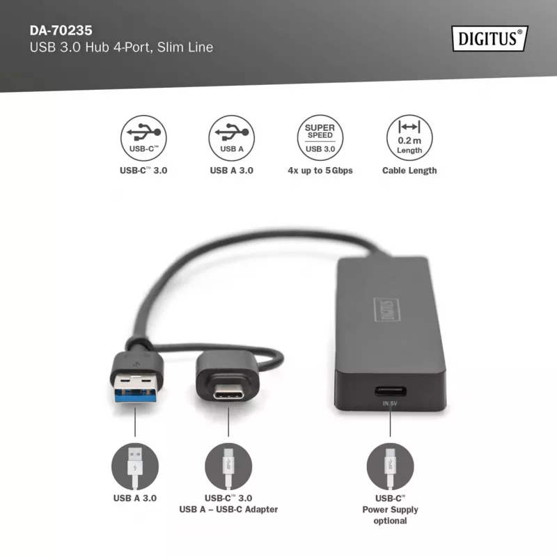 USB Hub, Digitus, DA-70235, 4-Port, USB 3.2 Gen 1, Type-A and Type-C, 12000 Mbit/s
