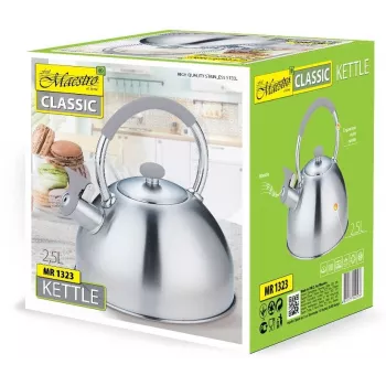Electric kettle Maestro MR-1323 — stainless steel, 2.5 L, hinged whistle, cool-touch silicone handle
