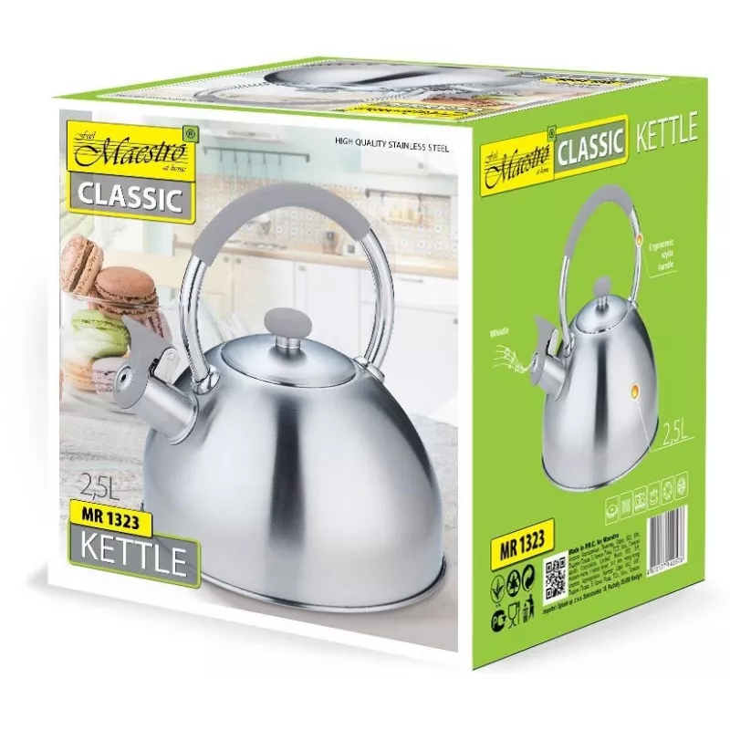 Electric kettle Maestro MR-1323 — stainless steel, 2.5 L, hinged whistle, cool-touch silicone handle