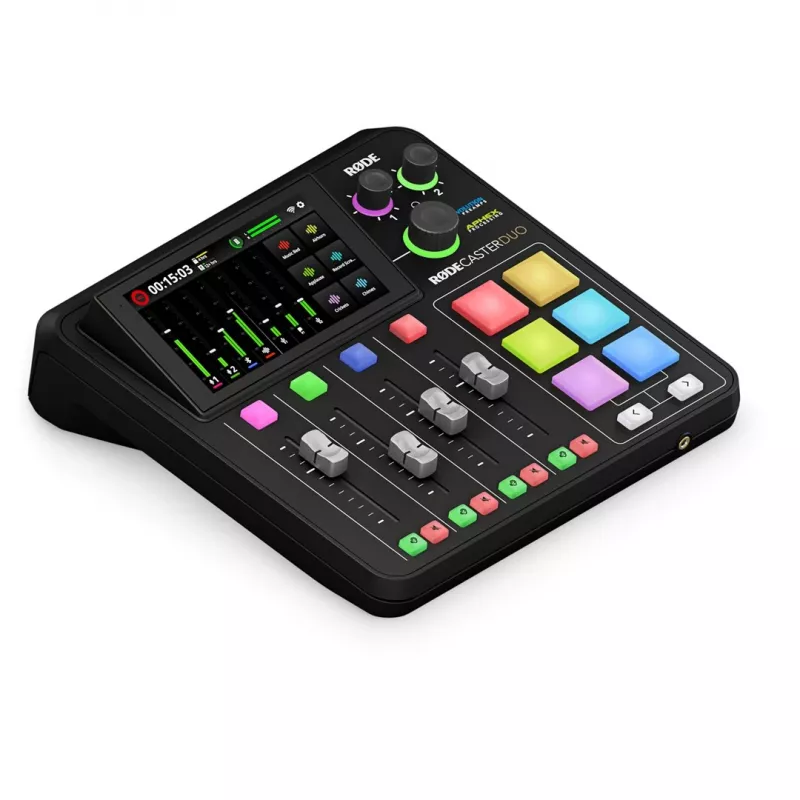 Studio controller RØDE Caster Duo Black — 2 combo XLR/TRS, 2 TRS line outs, 48 kHz, 24-bit, touchscreen, Wi‑Fi, Bluetooth