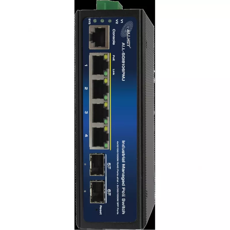Industrial PoE Switch ALLNET ALL-SGI8106PMJ-BT — 6-port (4 PoE+), rugged metal chassis