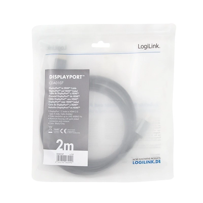 LogiLink CDA0107 video cable adapter 2 m DisplayPort HDMI Black Grey