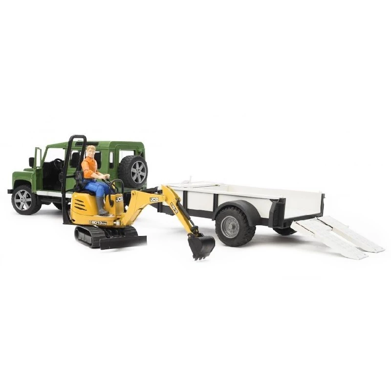 Toy Vehicle BRUDER Land Rover Defender with trailer CAT and man