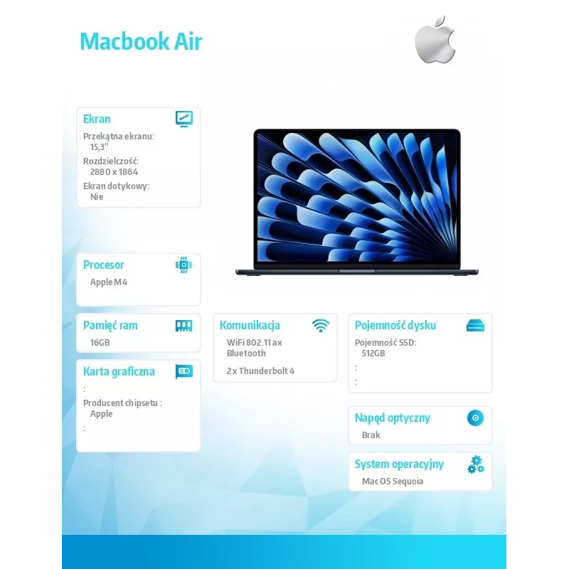 MacBook Air 15.3 inches: M4 10/10, 16GB, 512GB, 35W - Midnight - MW1L3ZE/A/D1