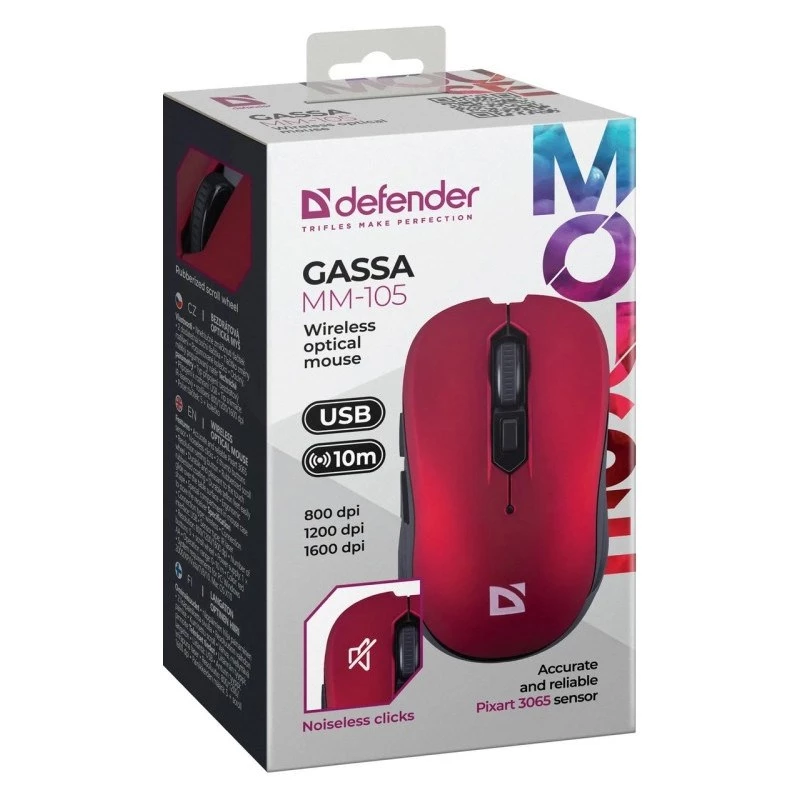 Wireless RF Silent Mouse DEFENDER Gassa MM-105 — Ambidextrous, 1600 DPI, 2.4 GHz, Nano USB Receiver