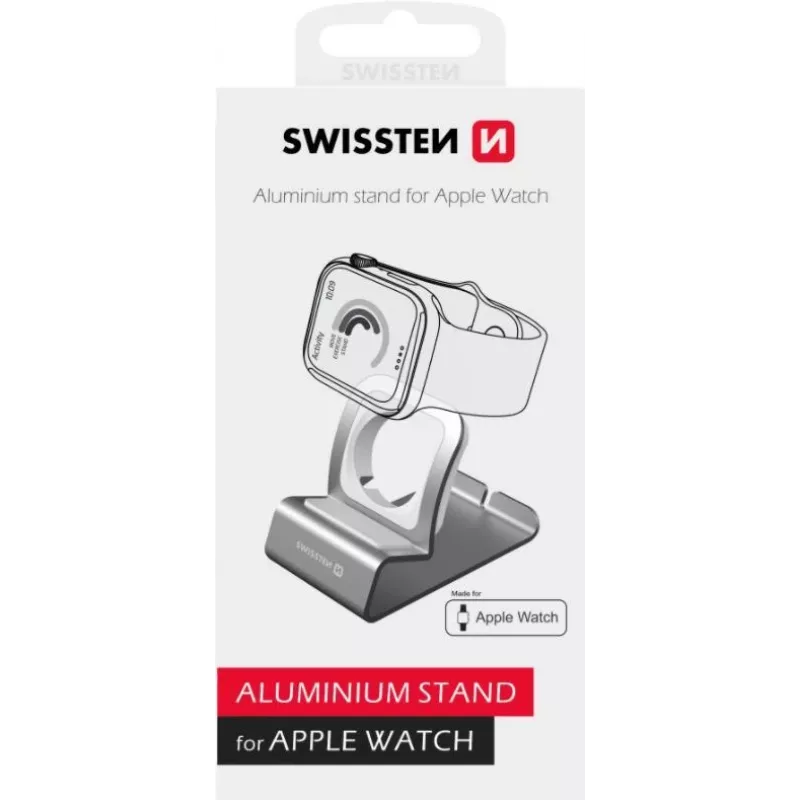 Aluminum stand SWISSTEN 25005100 for Apple Watch — compatible charger holder, silver