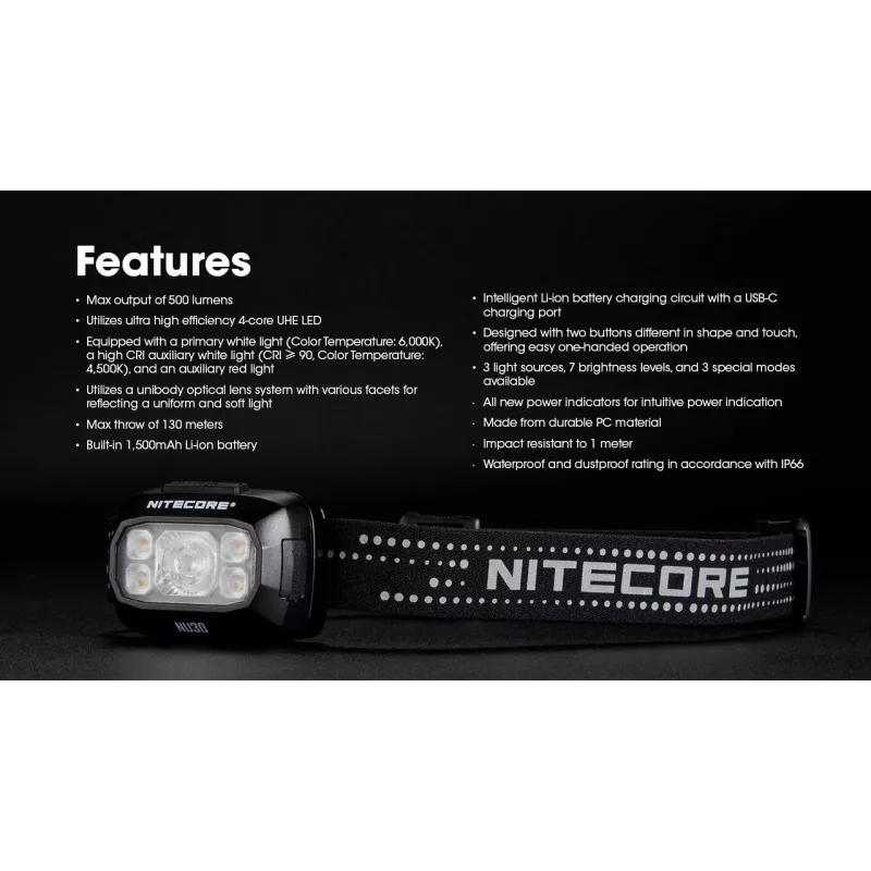 Headlamp Nitecore NU30 — compact wearable LED headlamp, up to 500 lumens, multiple output levels, red-light mode