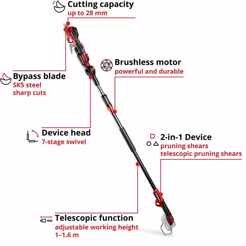 Pruning shears EINHELL GP-LS 18/28 Li T BL-Solo — cordless telescopic bypass pruner, 18 V, cutting capacity 2.8 cm, aluminium handle