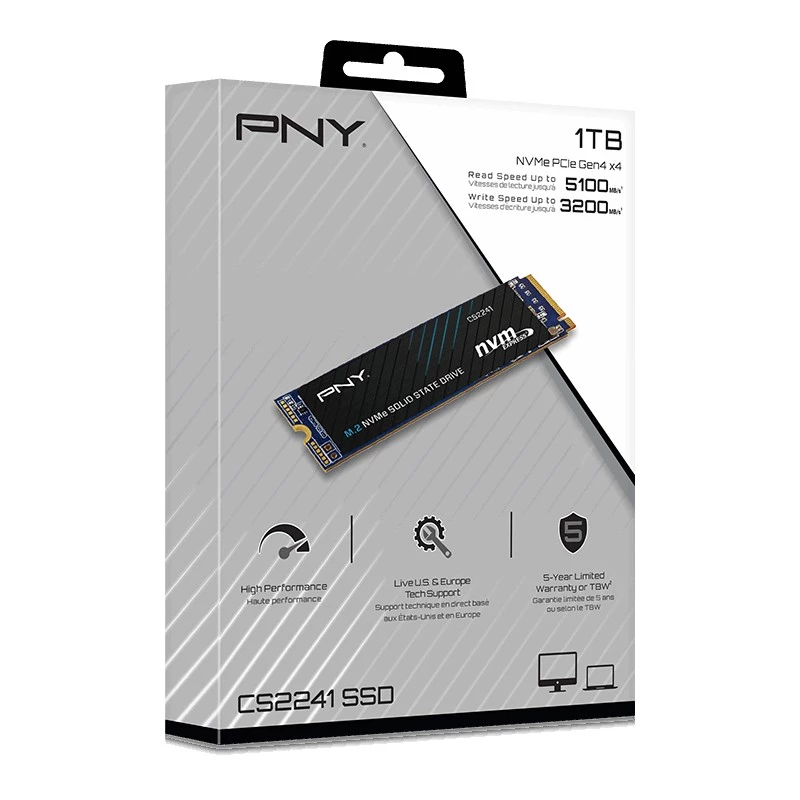 SSD PNY CS2241 M.2 NVMe PCIe 4.0 1TB — Read 5100 MB/s, Write 3200 MB/s