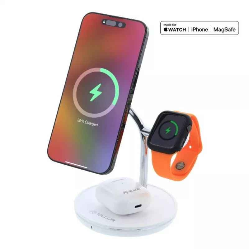 Wireless Desk Charger Tellur TLL151391 3in1 MagSafe Fast Charging for Phone, Watch and Earbuds