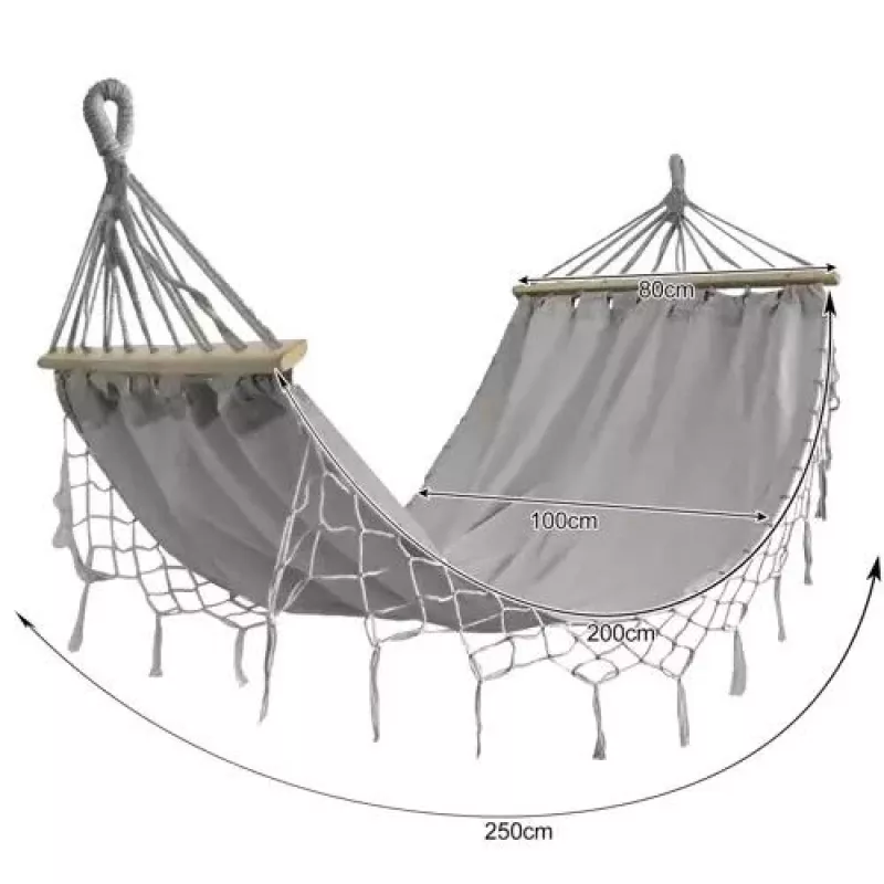 Black Forest Hammock, gray with fringes, Single 200x100cm with stand