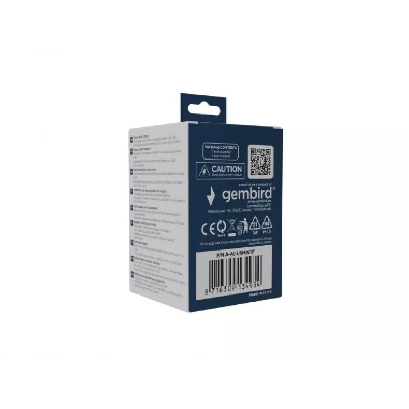 Travel power adapter GEMBIRD A-AC-USMINTF — World to US plug, 10 A
