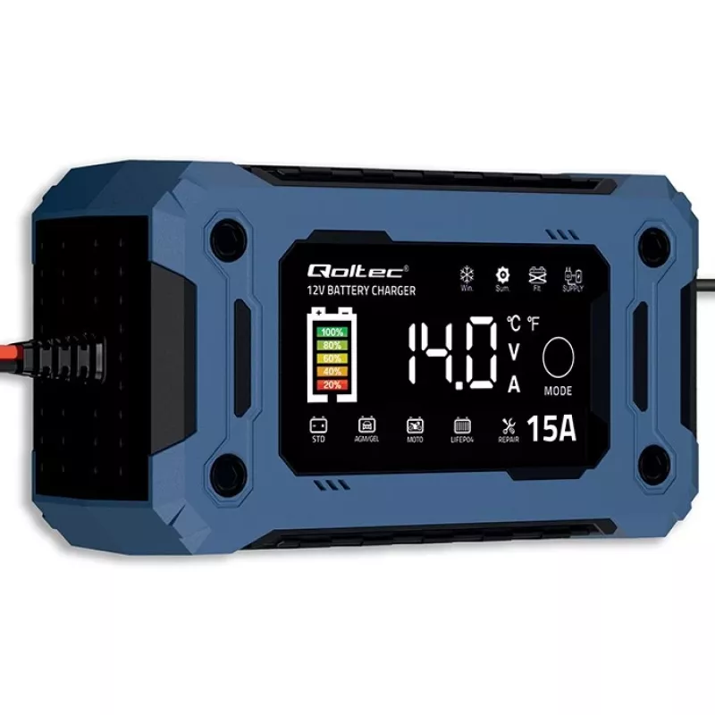 Smart 12V 15A Charger QOLTEC with Microprocessor and LCD — for AGM, GEL, SLA, EFB, LiFePO4 Batteries