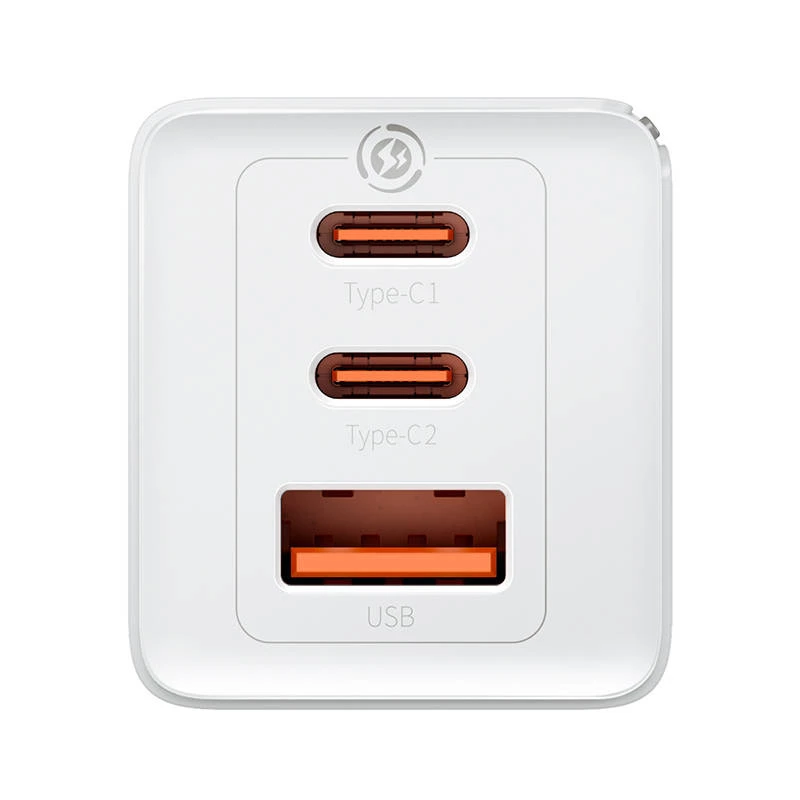 Wall charger Baseus GaN5 Pro 65W — USB + 2×USB-C (QC3.0, PD3.0) with 1m USB-C cable, white