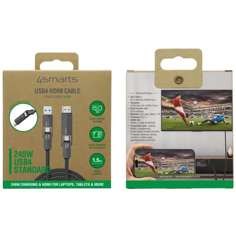 USB4 HDMI cable 4smarts ComboCord 240W 1.5 m – USB4 to HDMI, 240W power delivery, 1.5m length