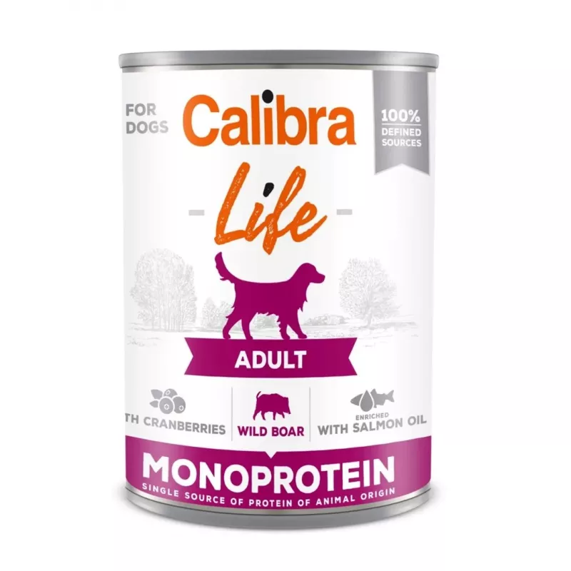 Wet dog food Calibra Adult Wild boar with cranberries 400 g — complete wet can for adult dogs, 78% moisture, 9.5% protein