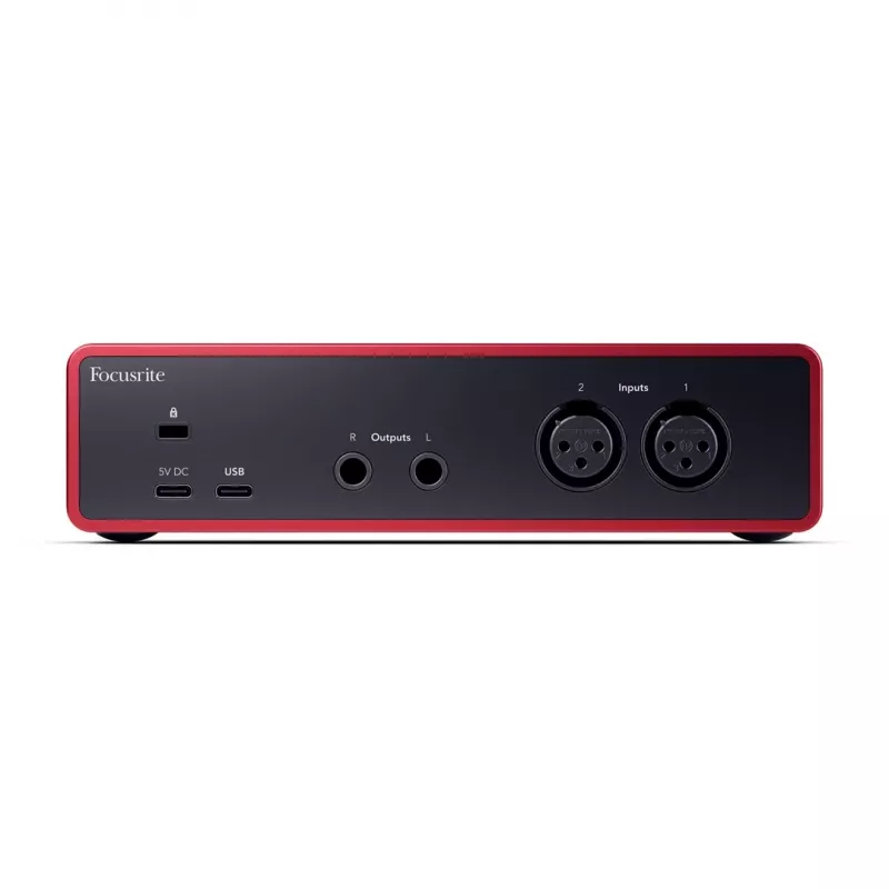 Audio interface Focusrite Scarlett 2i2 4th Gen — 2-in/2-out USB-C, 24-bit/192kHz, 69 dB preamps, desktop, black/red