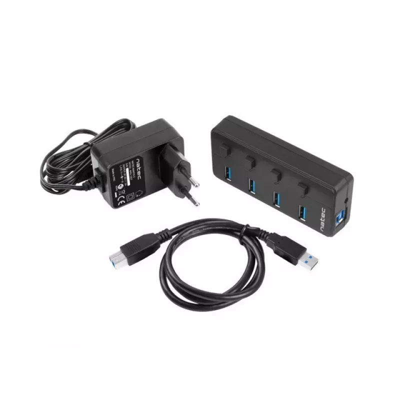 USB hub NATEC MANTIS USB 2.0 Type-B — 4x USB 3.2 Gen 1 Type-A ports, black, 0.8 m cable, AC adapter, power switch