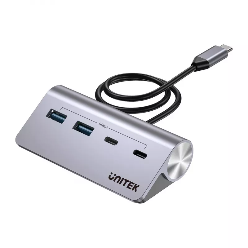 USB hub Unitek H1337AGY01 — 4-port (2×USB-C, 2×USB-A), up to 5 Gbps per port, aluminium, silver