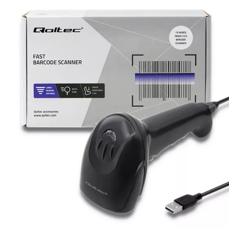 Handheld barcode reader QOLTEC 50866 — 1D laser scanner, USB wired, 600 mm range, black, 161.5×88×77 mm