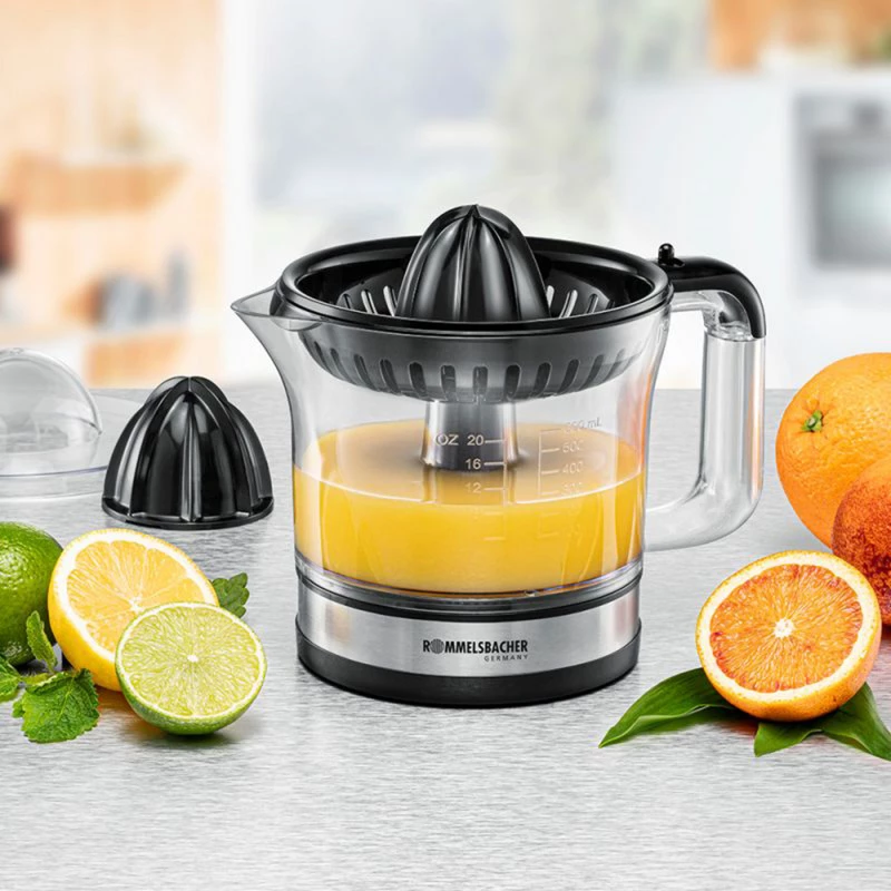 Rommelsbacher Citrus Press, 30 Watt Power, 600 ml Capacity, Clockwise/Counter-Clockwise Rotation, two press cones (ZP 50)