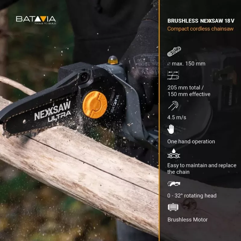 Batavia B.V. | 18V Nexxsaw Cordless Brushless One-Hand Chainsaw V3 Ultra, Without Battery and Charger | 17.78 cm | Chainsaw