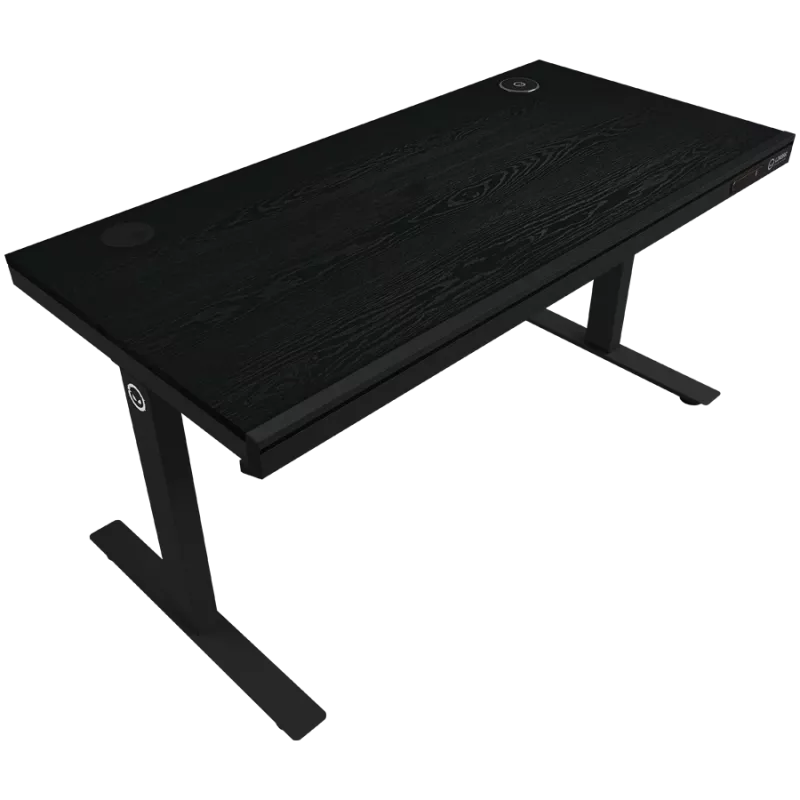 Dual-motor sit/stand adjustable-height gaming desk with wireless charger, RGB lighting, control panel, and USB ports, PB melamine surface tabletop, black.