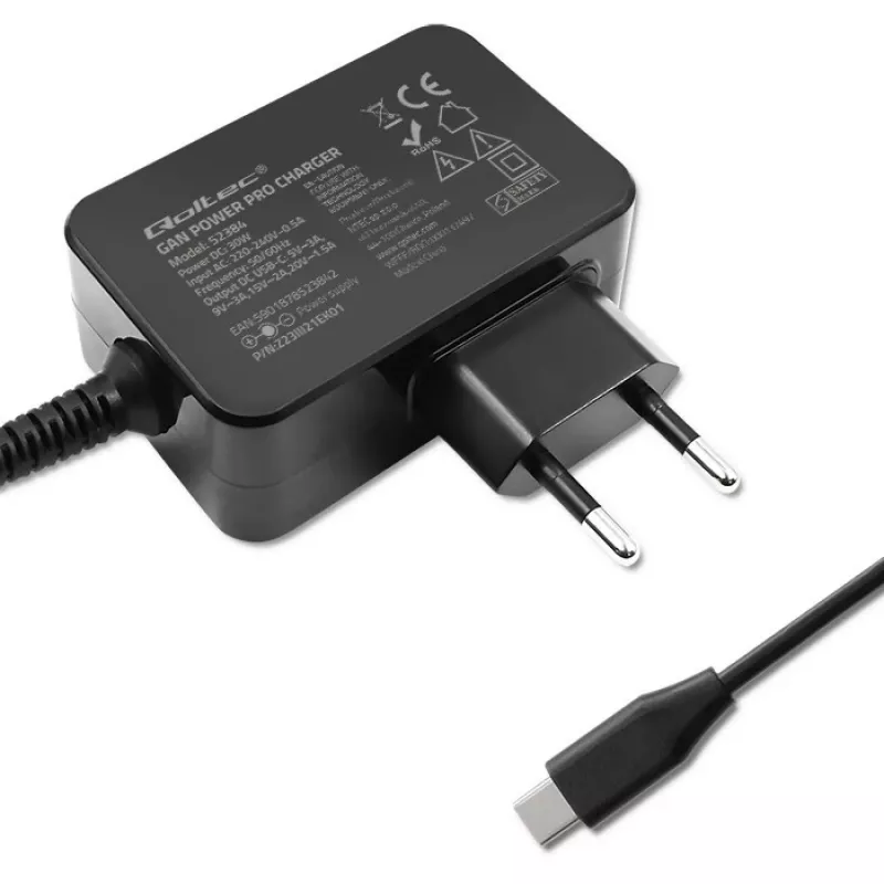Power adapter QOLTEC 52384 GaN 30W output 5–20V USB charger