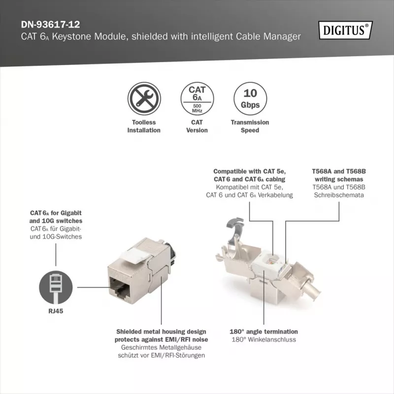 Keystone module DIGITUS CAT 6A shielded with intelligent cable manager, flat RJ-45, 14.5×34.5×21 mm — 12 pcs