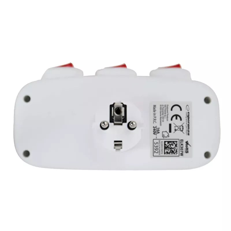 Power splitter ESPERANZA ELK307W — 3-socket switched indoor adapter, Type E plug, 220–240V, 16A, 3680W, white