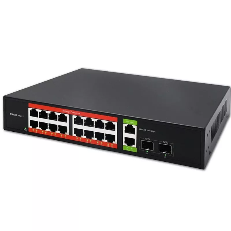 Network Switch QOLTEC 52292 — Gigabit Ethernet PoE, 16x RJ45, 2x RJ45 uplink, 2x SFP