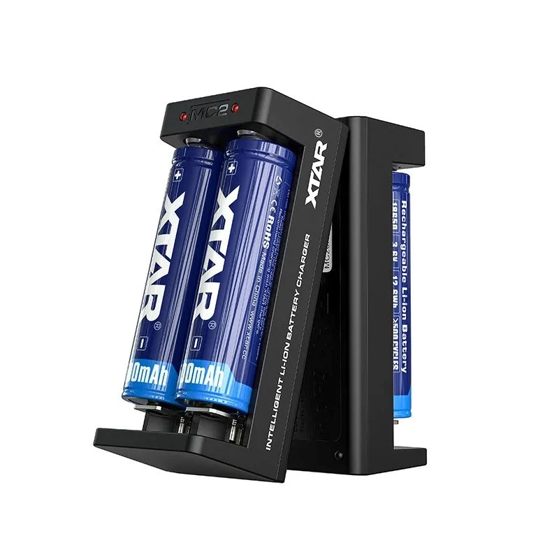 XTAR dual-slot Li-ion battery charger for 18650 cells, USB-C input, 2 slots, black, LED indicators