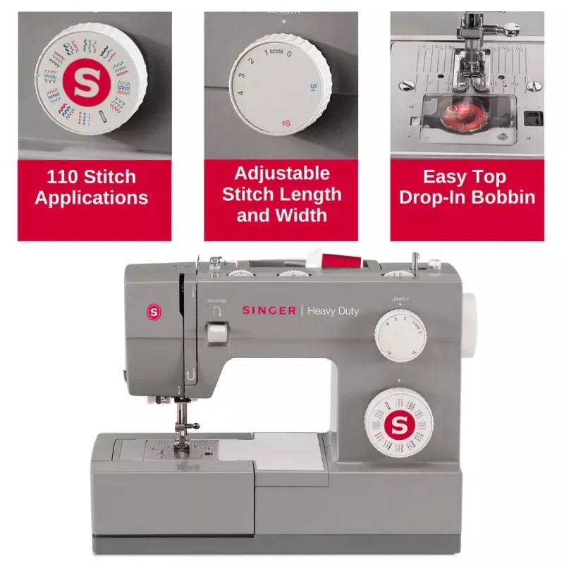 Sewing machine SINGER Heavy Duty 4432 — electric, 32 stitch patterns, 1-step buttonhole, free arm, grey